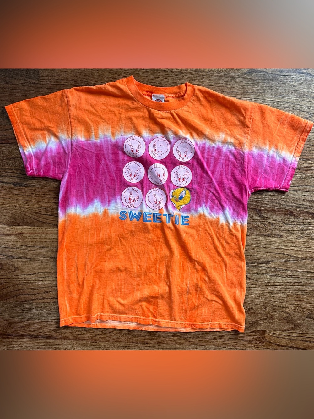 Vtg 2000 Tweety Bird SWEETIE Looney Tunes Pink Orange Tie Dyed Tshirt Adult LG